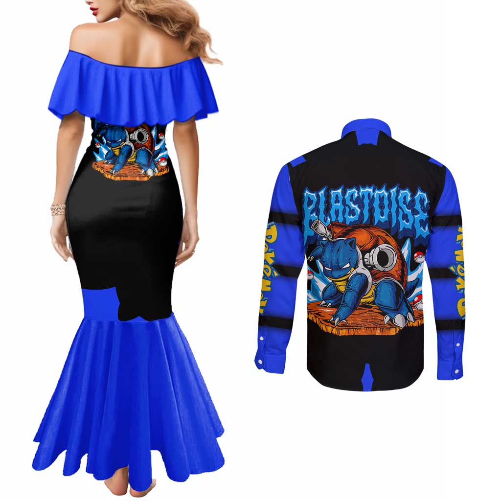 Blastoise Couples Matching Mermaid Dress and Long Sleeve Button Shirt with Water Cannons and Retro Pokémon Graphic Design - The Mazicc