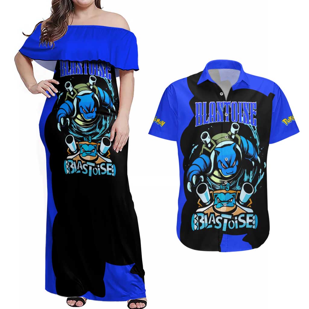 Blastoise Couples Matching Off Shoulder Maxi Dress and Hawaiian Shirt with Water Cannons and Retro Pokémon Graphic Design - The Mazicc