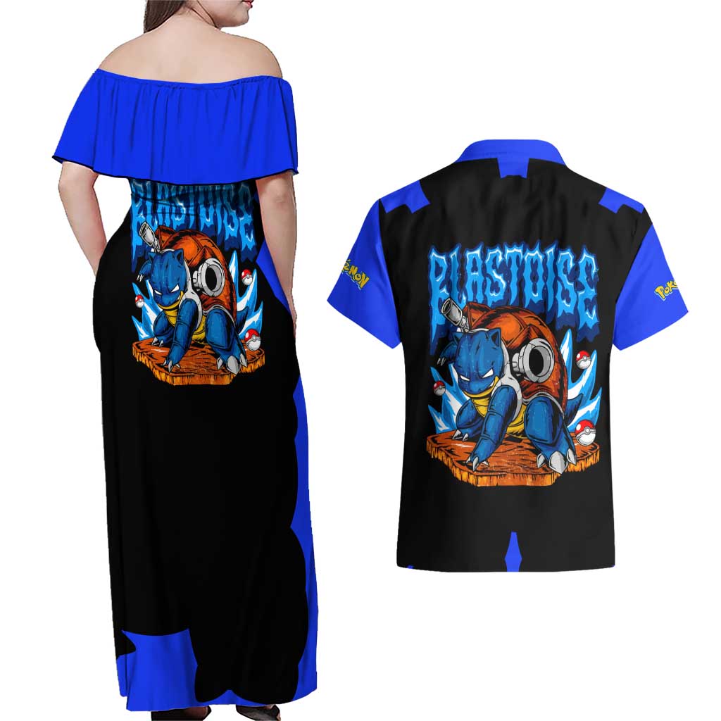 Blastoise Couples Matching Off Shoulder Maxi Dress and Hawaiian Shirt with Water Cannons and Retro Pokémon Graphic Design - The Mazicc