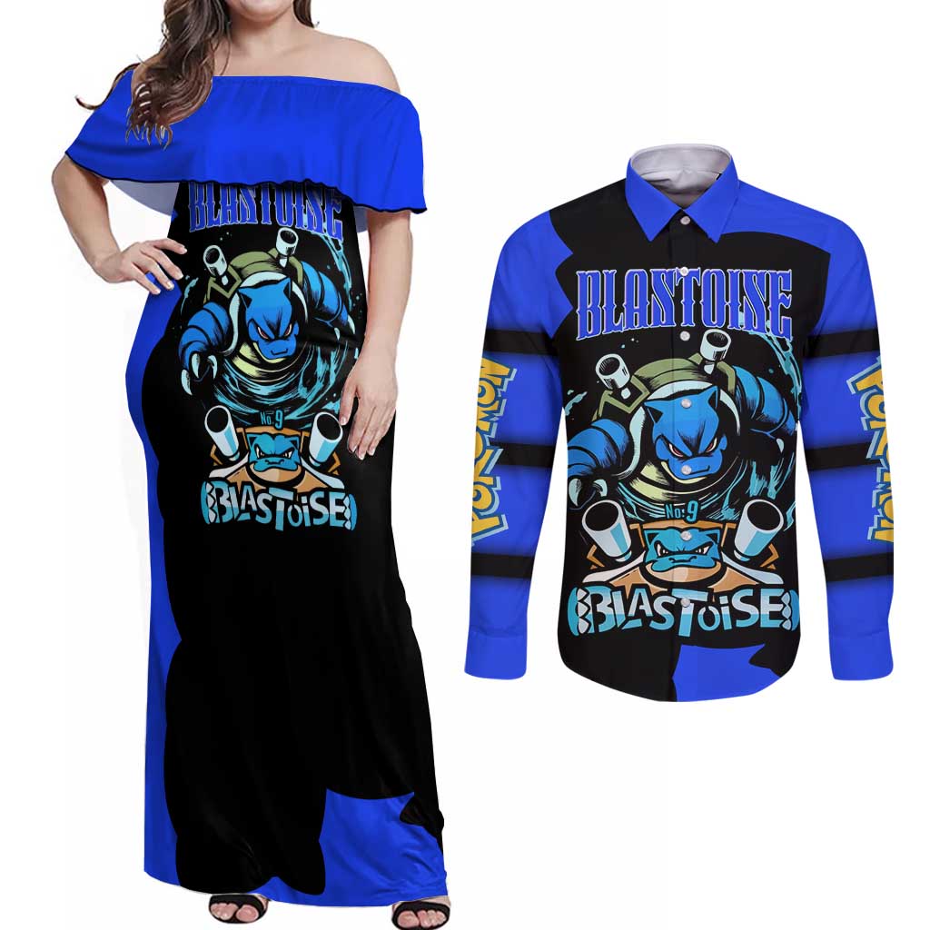 Blastoise Couples Matching Off Shoulder Maxi Dress and Long Sleeve Button Shirt with Water Cannons and Retro Pokémon Graphic Design - The Mazicc