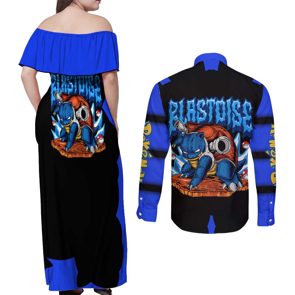Blastoise Couples Matching Off Shoulder Maxi Dress and Long Sleeve Button Shirt with Water Cannons and Retro Pokémon Graphic Design - The Mazicc