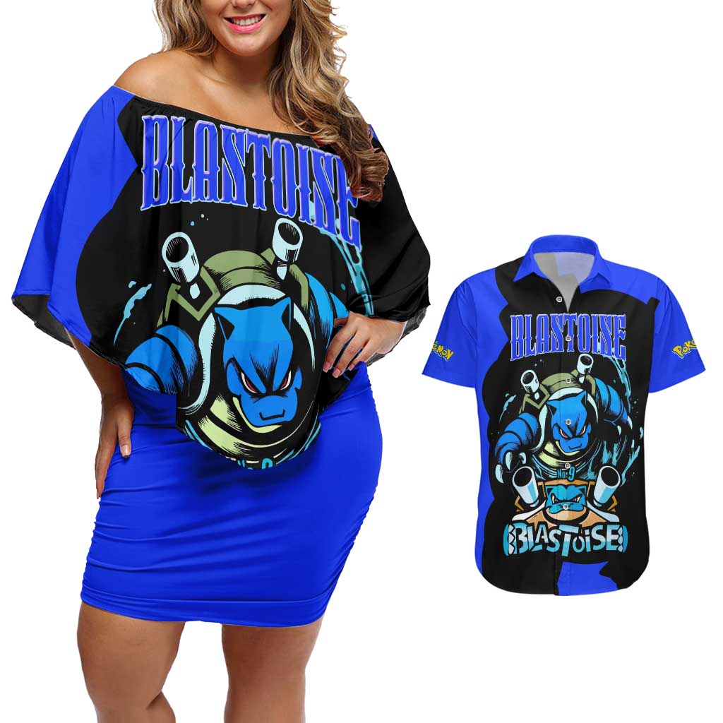 Blastoise Couples Matching Off Shoulder Short Dress and Hawaiian Shirt with Water Cannons and Retro Pokémon Graphic Design - The Mazicc