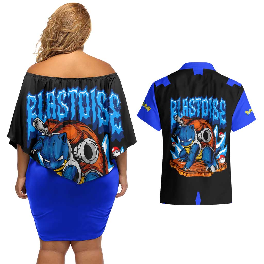 Blastoise Couples Matching Off Shoulder Short Dress and Hawaiian Shirt with Water Cannons and Retro Pokémon Graphic Design - The Mazicc