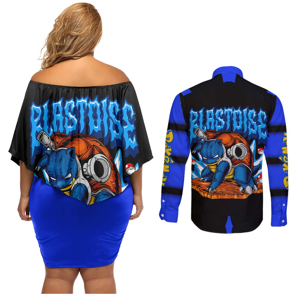 Blastoise Couples Matching Off Shoulder Short Dress and Long Sleeve Button Shirt with Water Cannons and Retro Pokémon Graphic Design - The Mazicc