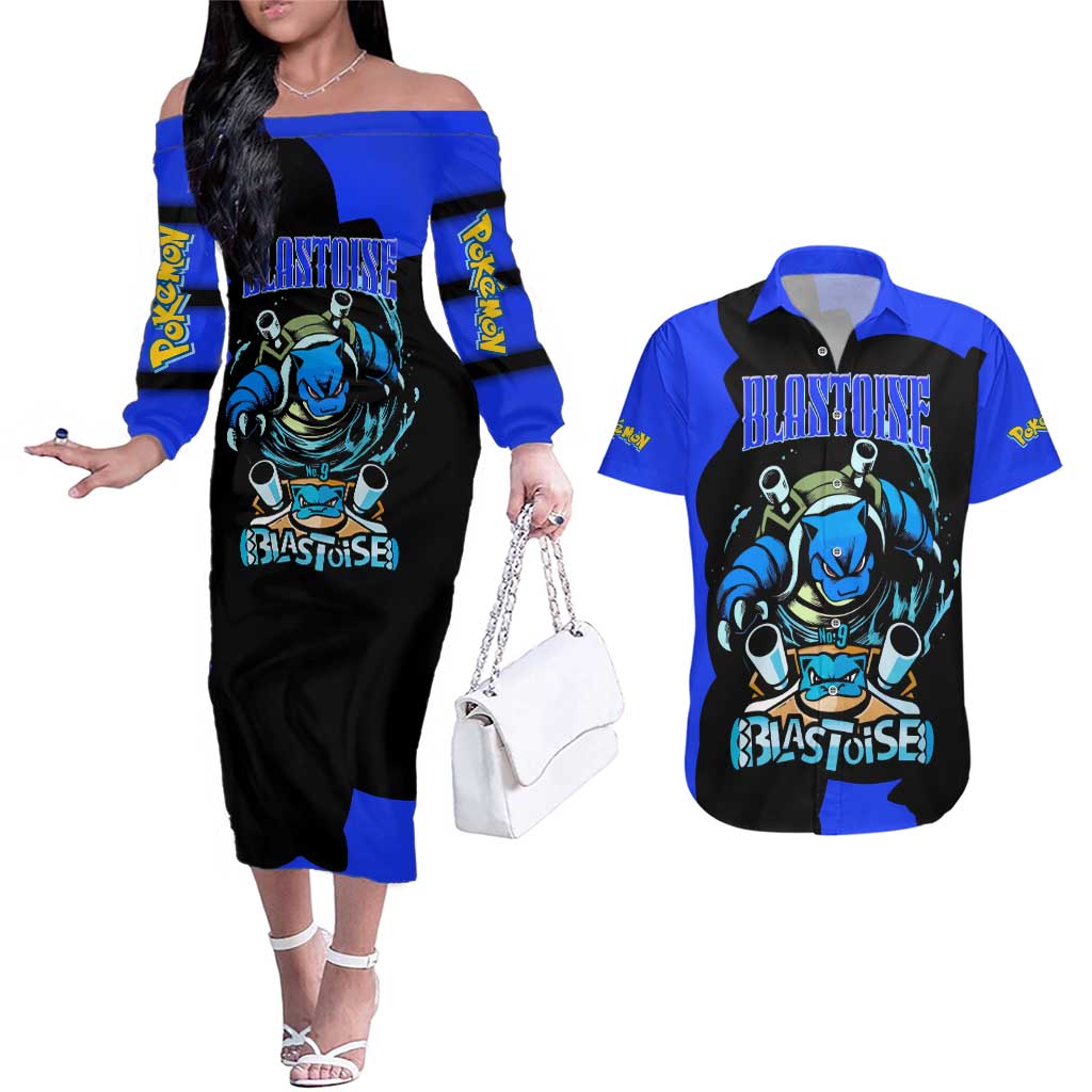 Blastoise Couples Matching Off The Shoulder Long Sleeve Dress and Hawaiian Shirt with Water Cannons and Retro Pokémon Graphic Design - The Mazicc