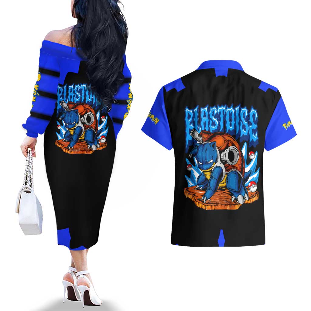 Blastoise Couples Matching Off The Shoulder Long Sleeve Dress and Hawaiian Shirt with Water Cannons and Retro Pokémon Graphic Design - The Mazicc
