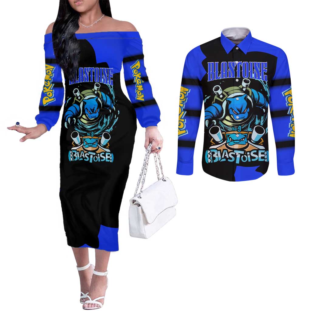 Blastoise Couples Matching Off The Shoulder Long Sleeve Dress and Long Sleeve Button Shirt with Water Cannons and Retro Pokémon Graphic Design - The Mazicc
