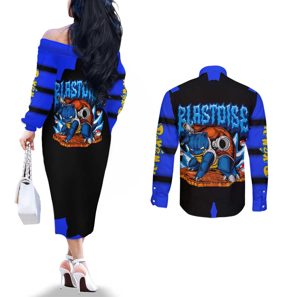 Blastoise Couples Matching Off The Shoulder Long Sleeve Dress and Long Sleeve Button Shirt with Water Cannons and Retro Pokémon Graphic Design - The Mazicc