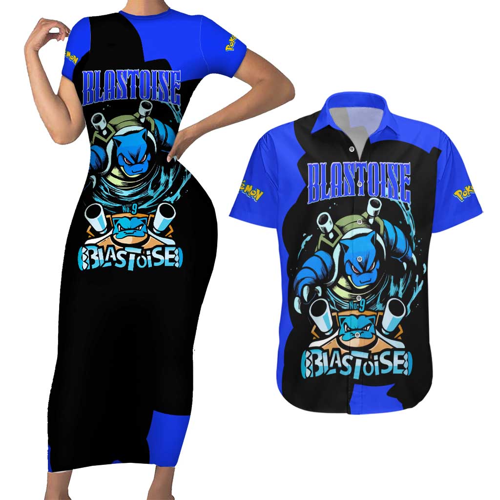 Blastoise Couples Matching Short Sleeve Bodycon Dress and Hawaiian Shirt with Water Cannons and Retro Pokémon Graphic Design - The Mazicc