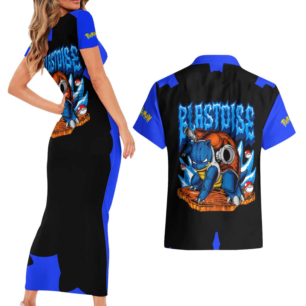 Blastoise Couples Matching Short Sleeve Bodycon Dress and Hawaiian Shirt with Water Cannons and Retro Pokémon Graphic Design - The Mazicc