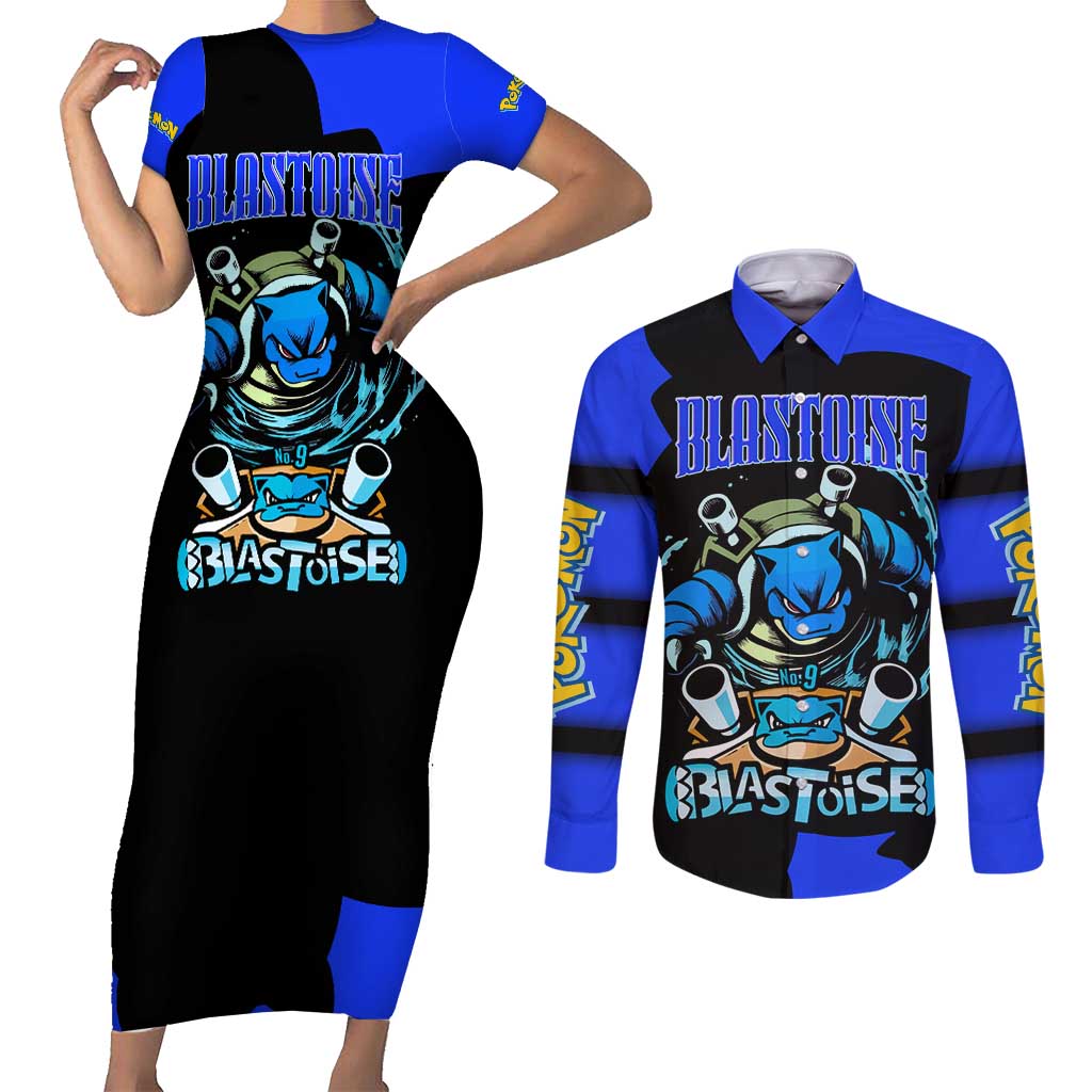 Blastoise Couples Matching Short Sleeve Bodycon Dress and Long Sleeve Button Shirt with Water Cannons and Retro Pokémon Graphic Design - The Mazicc