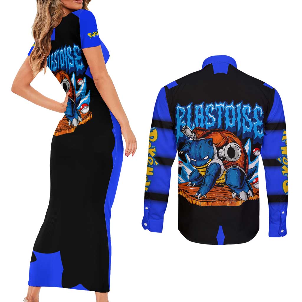 Blastoise Couples Matching Short Sleeve Bodycon Dress and Long Sleeve Button Shirt with Water Cannons and Retro Pokémon Graphic Design - The Mazicc