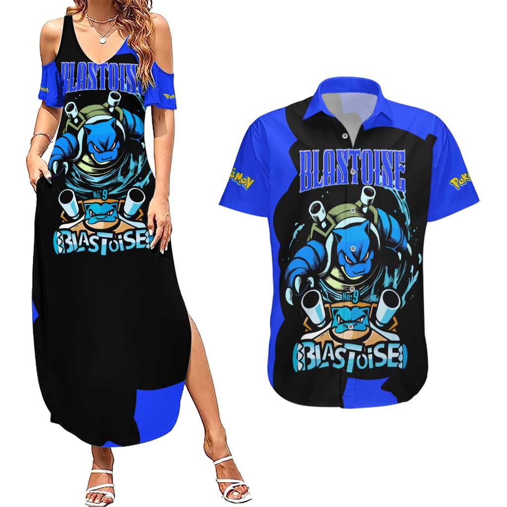 Blastoise Couples Matching Summer Maxi Dress and Hawaiian Shirt with Water Cannons and Retro Pokémon Graphic Design - The Mazicc