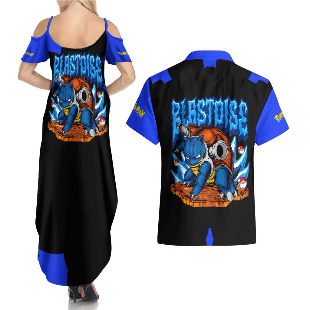 Blastoise Couples Matching Summer Maxi Dress and Hawaiian Shirt with Water Cannons and Retro Pokémon Graphic Design - The Mazicc