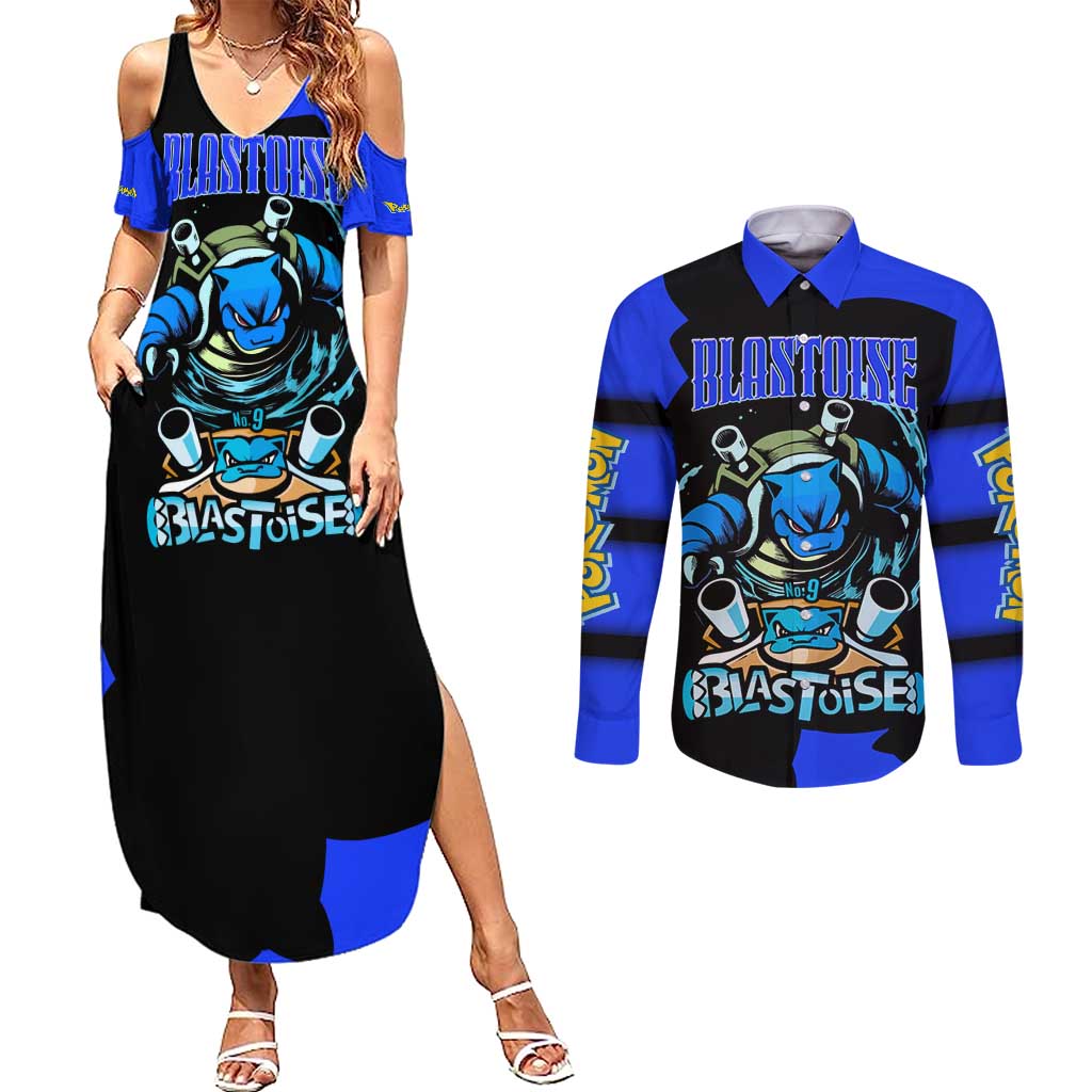 Blastoise Couples Matching Summer Maxi Dress and Long Sleeve Button Shirt with Water Cannons and Retro Pokémon Graphic Design - The Mazicc