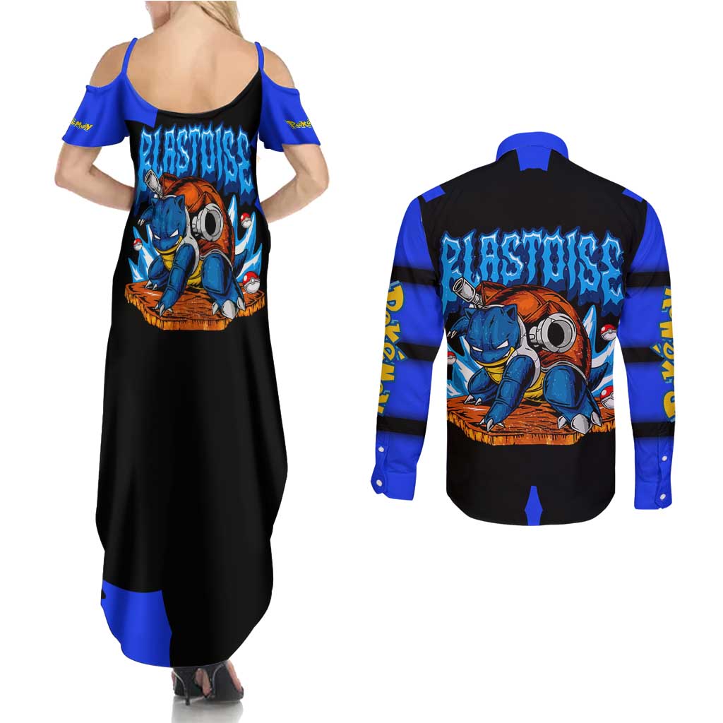 Blastoise Couples Matching Summer Maxi Dress and Long Sleeve Button Shirt with Water Cannons and Retro Pokémon Graphic Design - The Mazicc