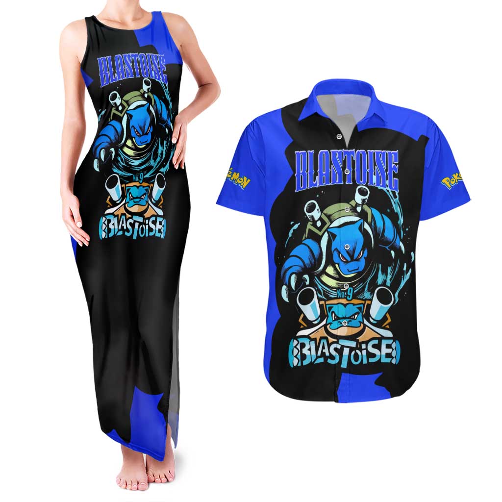 Blastoise Couples Matching Tank Maxi Dress and Hawaiian Shirt with Water Cannons and Retro Pokémon Graphic Design - The Mazicc