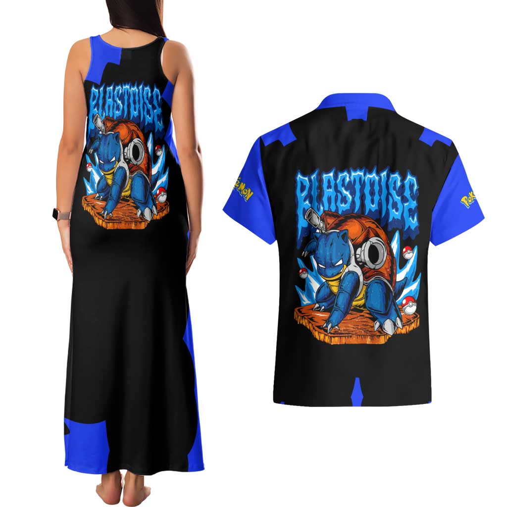 Blastoise Couples Matching Tank Maxi Dress and Hawaiian Shirt with Water Cannons and Retro Pokémon Graphic Design - The Mazicc