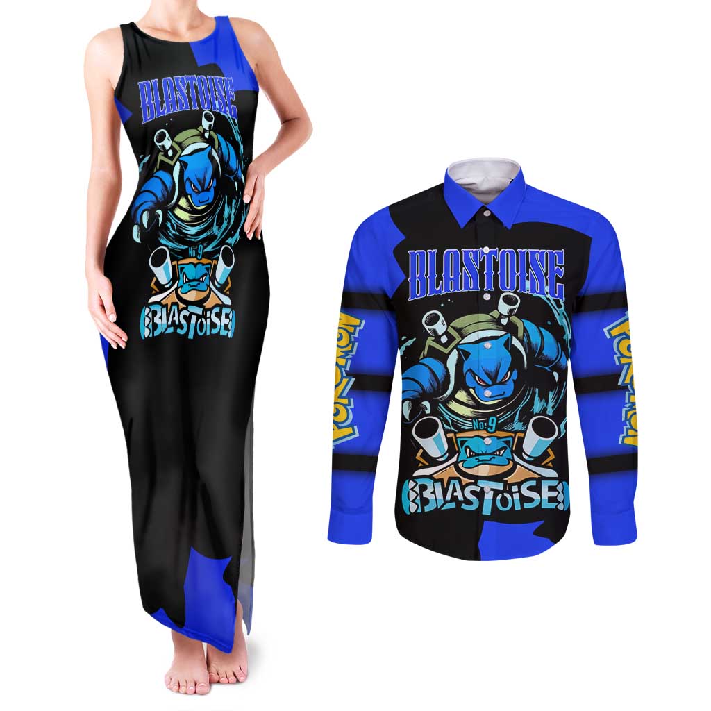 Blastoise Couples Matching Tank Maxi Dress and Long Sleeve Button Shirt with Water Cannons and Retro Pokémon Graphic Design - The Mazicc