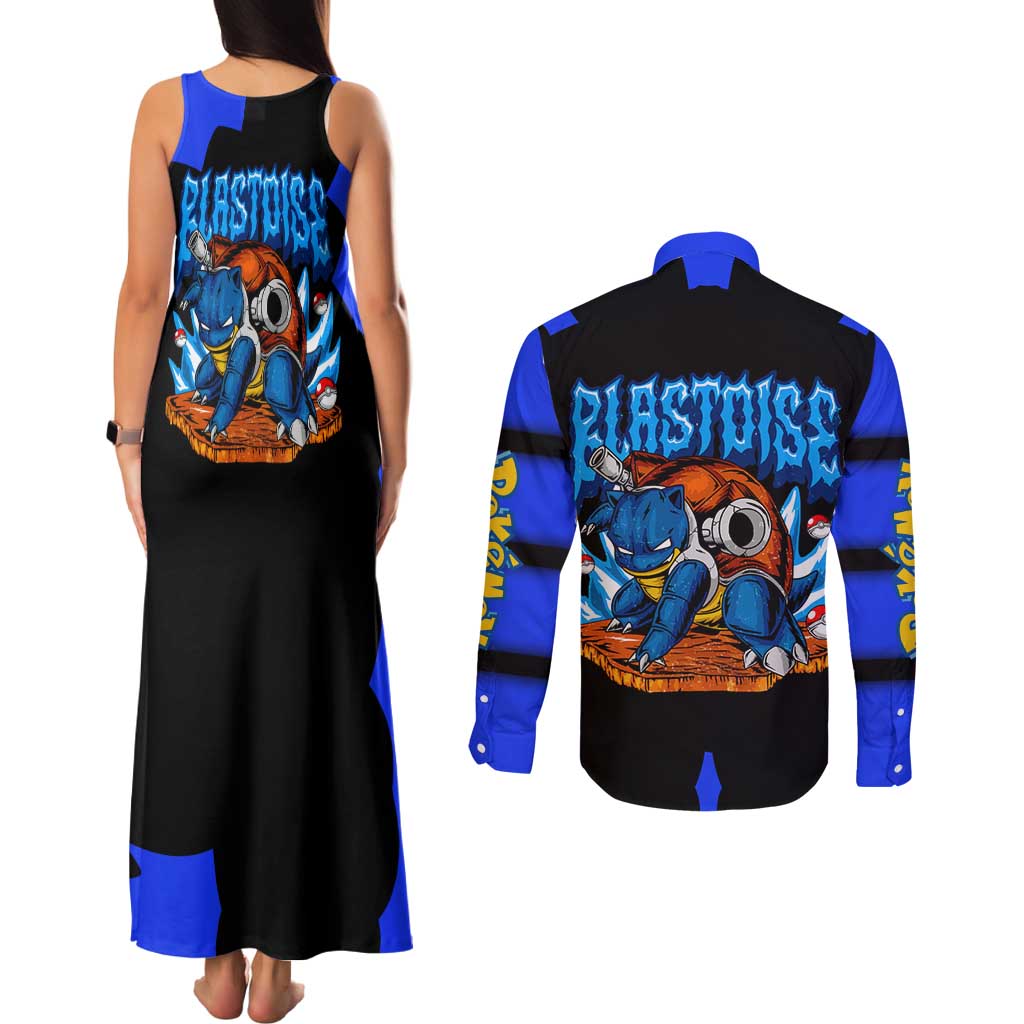 Blastoise Couples Matching Tank Maxi Dress and Long Sleeve Button Shirt with Water Cannons and Retro Pokémon Graphic Design - The Mazicc