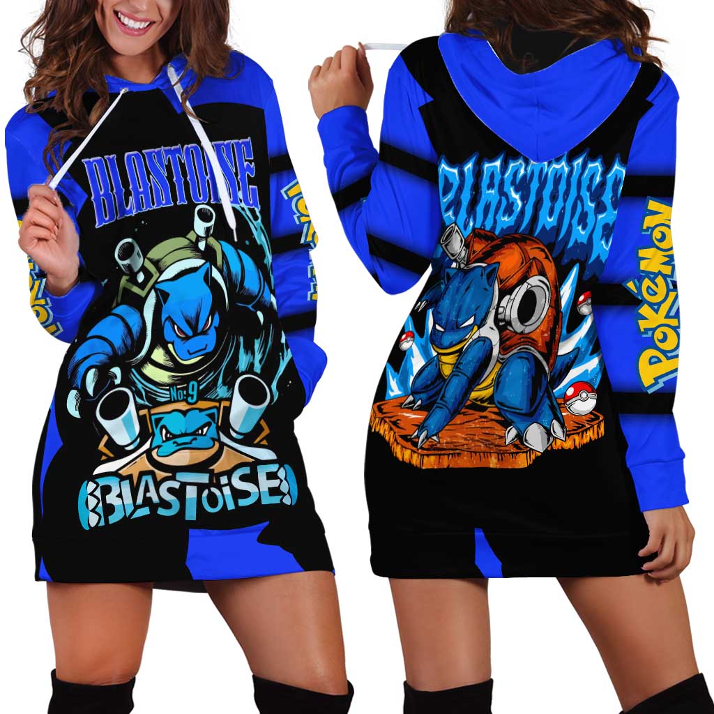 Blastoise Hoodie Dress with Water Cannons and Retro Pokémon Graphic Design - The Mazicc