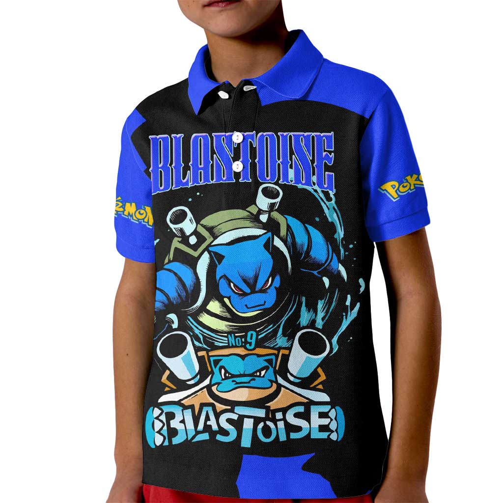 Blastoise Kid Polo Shirt with Water Cannons and Retro Pokémon Graphic Design - The Mazicc