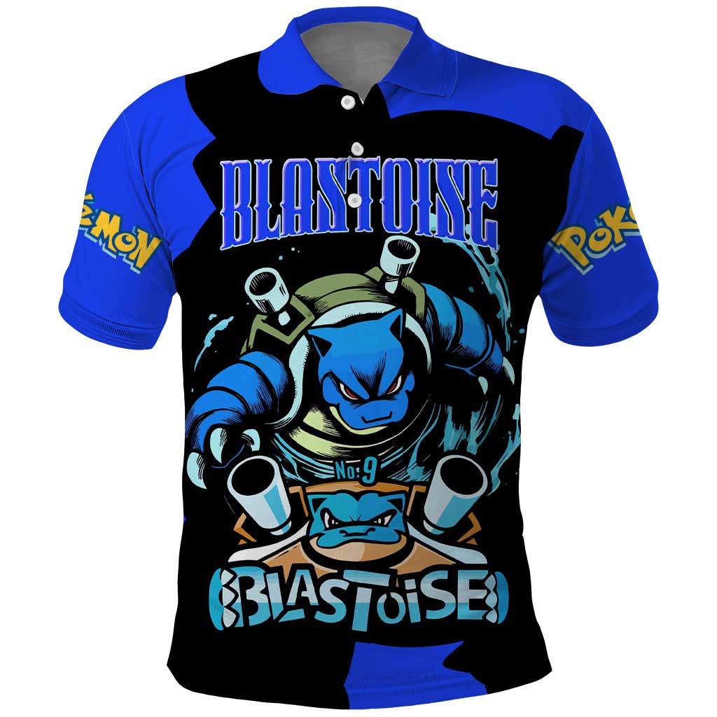 Blastoise Polo Shirt with Water Cannons and Retro Pokémon Graphic Design - The Mazicc
