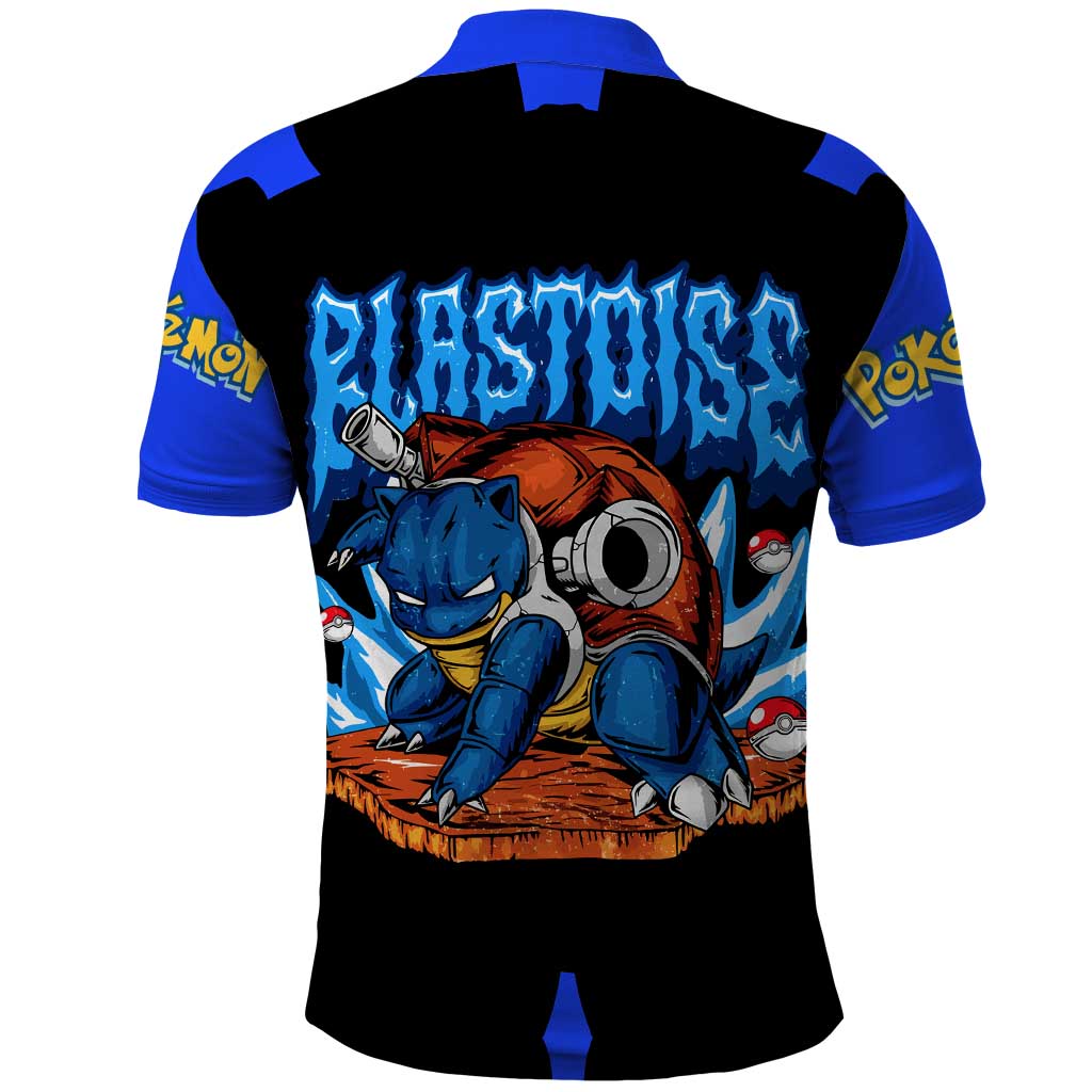 Blastoise Polo Shirt with Water Cannons and Retro Pokémon Graphic Design - The Mazicc