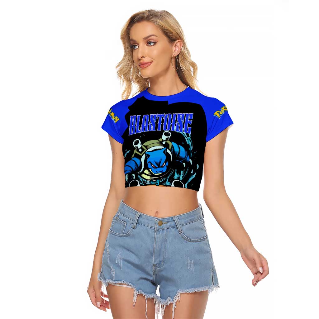 Blastoise Raglan Cropped T Shirt with Water Cannons and Retro Pokémon Graphic Design - The Mazicc