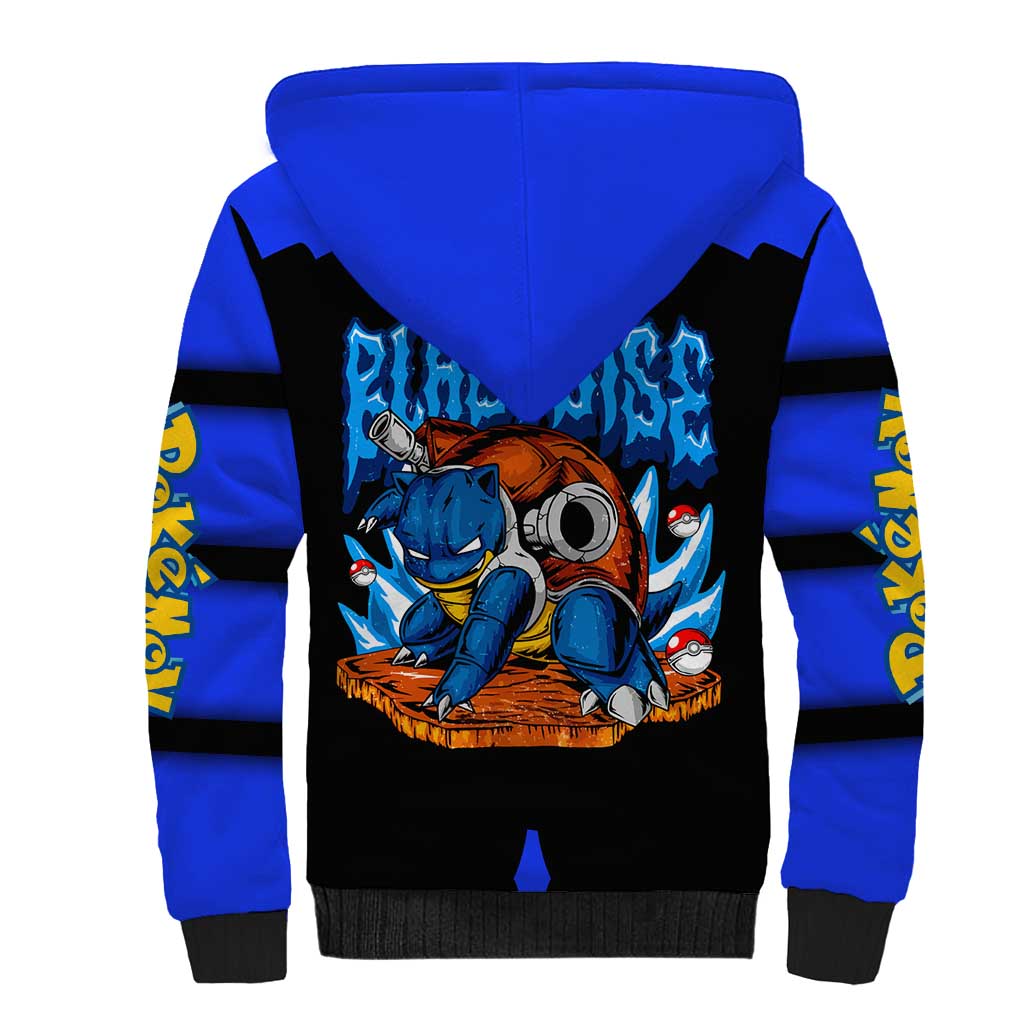 Blastoise Sherpa Hoodie with Water Cannons and Retro Pokémon Graphic Design - The Mazicc