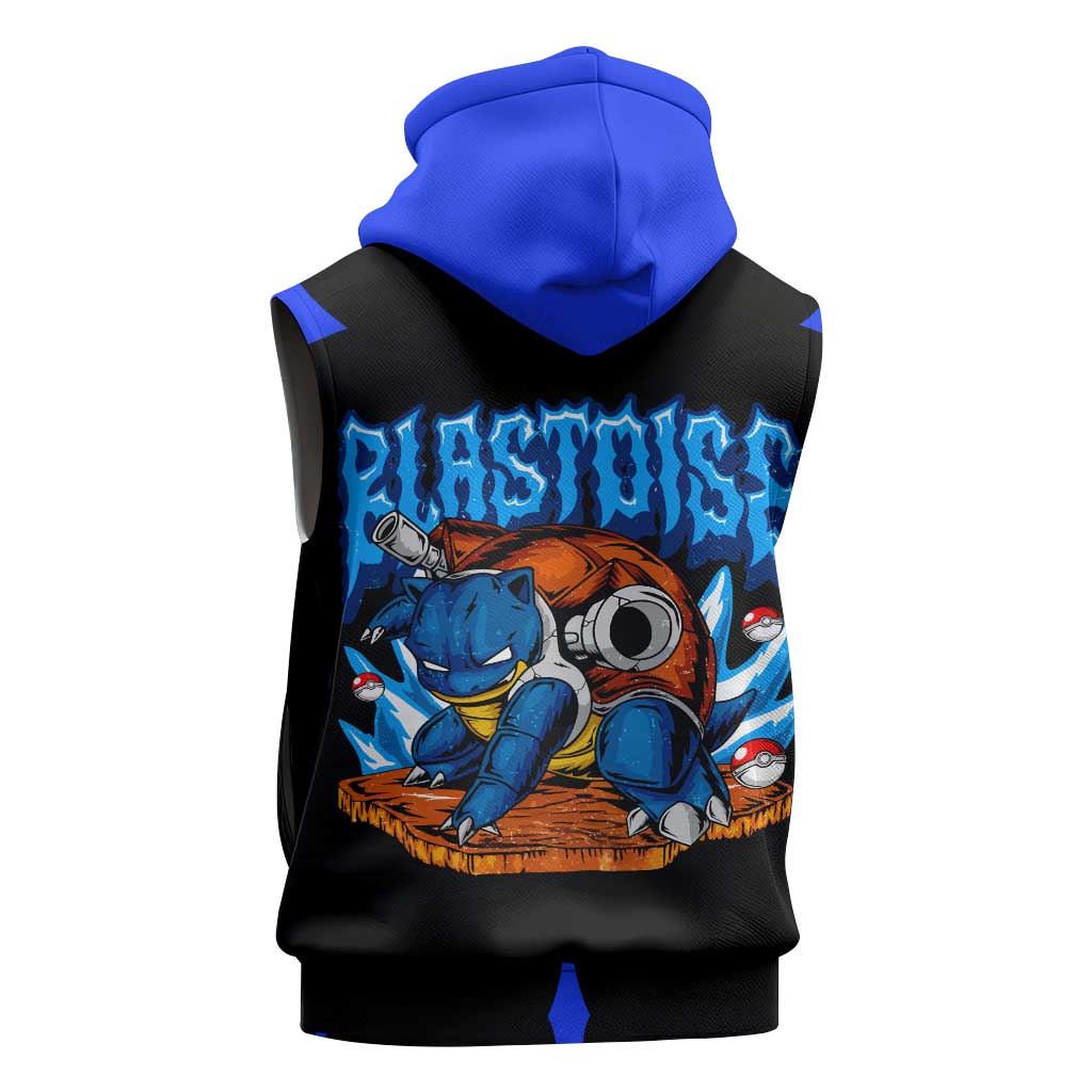 Blastoise Sleeveless Hoodie with Water Cannons and Retro Pokémon Graphic Design - The Mazicc