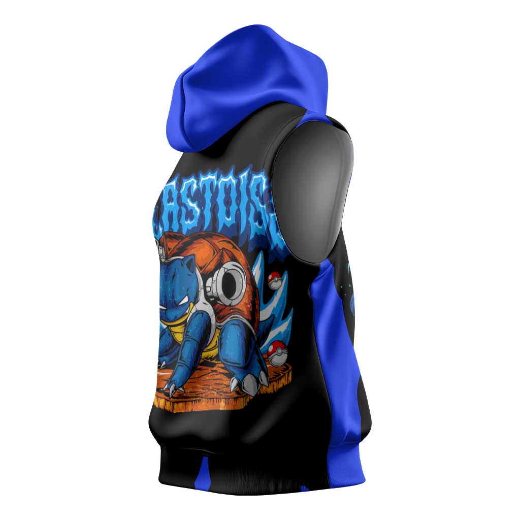 Blastoise Sleeveless Hoodie with Water Cannons and Retro Pokémon Graphic Design - The Mazicc