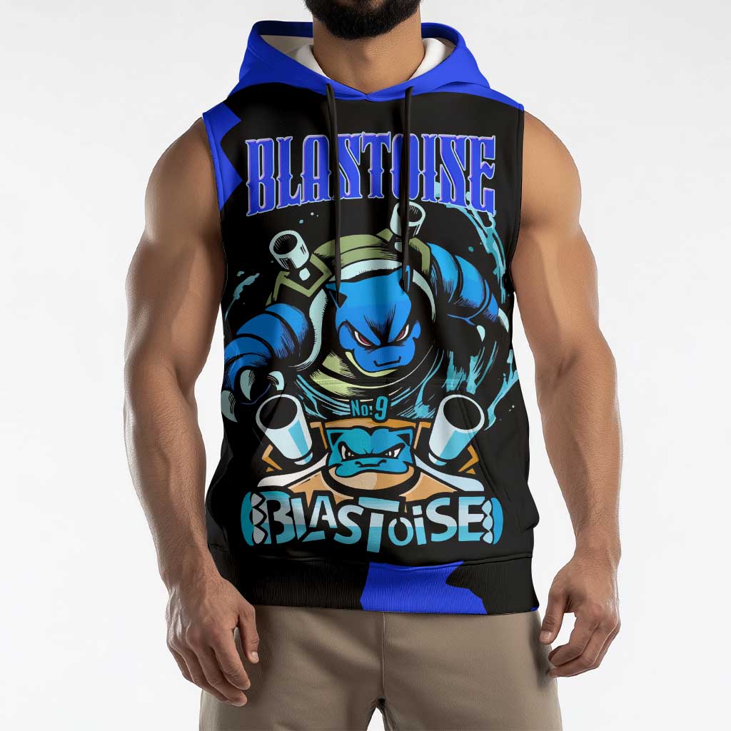 Blastoise Sleeveless Hoodie with Water Cannons and Retro Pokémon Graphic Design - The Mazicc
