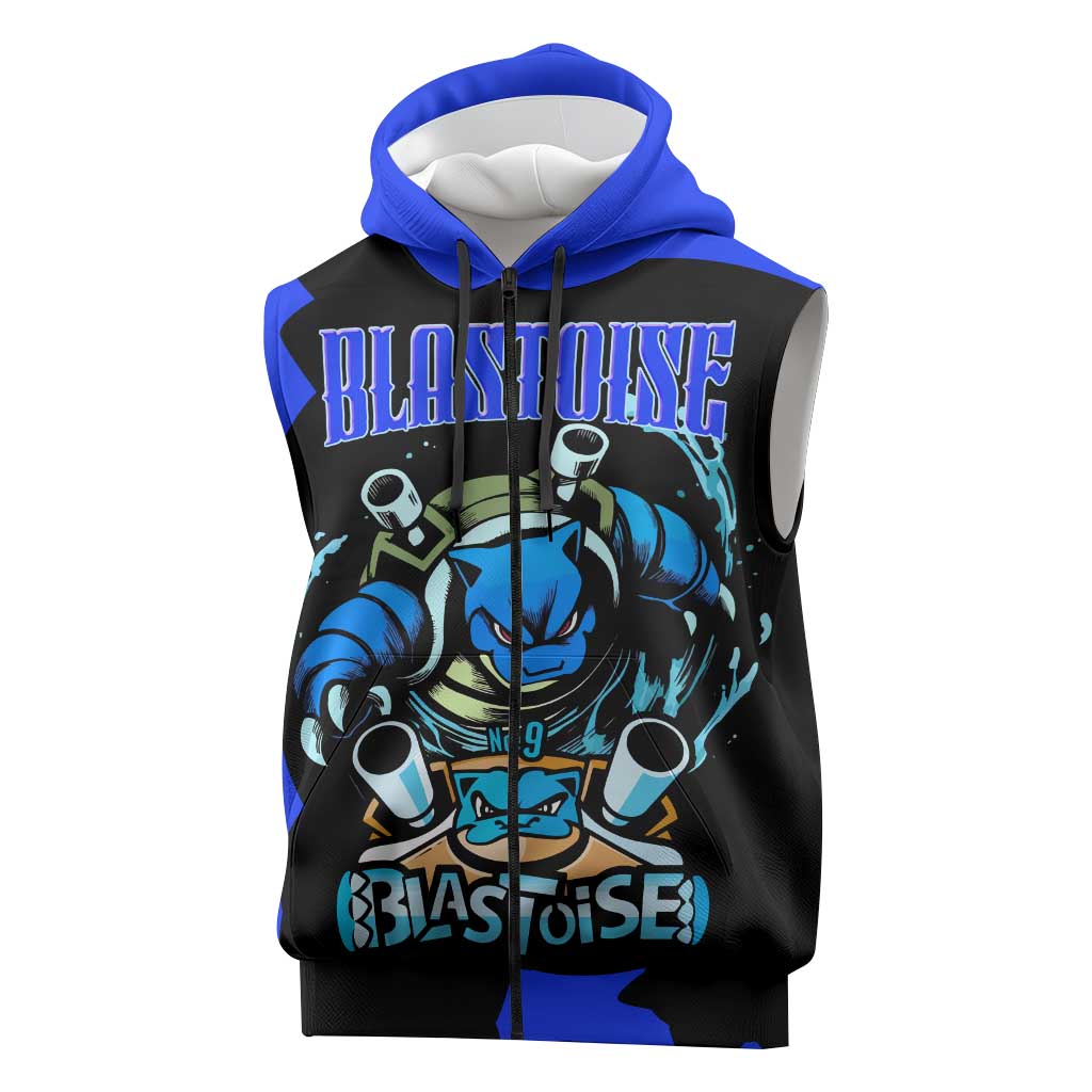 Blastoise Sleeveless Zip Hoodie with Water Cannons and Retro Pokémon Graphic Design - The Mazicc
