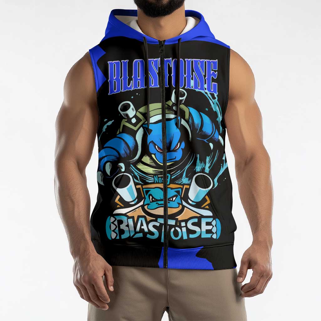 Blastoise Sleeveless Zip Hoodie with Water Cannons and Retro Pokémon Graphic Design - The Mazicc