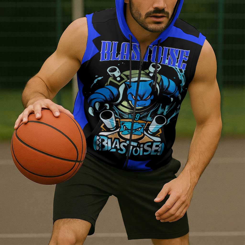 Blastoise Sleeveless Zip Hoodie with Water Cannons and Retro Pokémon Graphic Design - The Mazicc