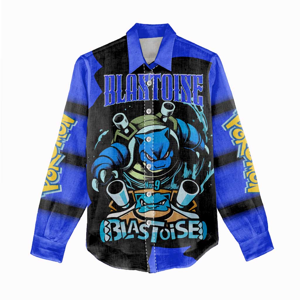 Blastoise Women Casual Shirt with Water Cannons and Retro Pokémon Graphic Design - The Mazicc