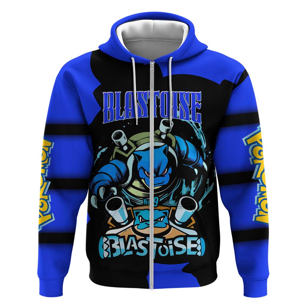 Blastoise Zip Hoodie with Water Cannons and Retro Pokémon Graphic Design - The Mazicc