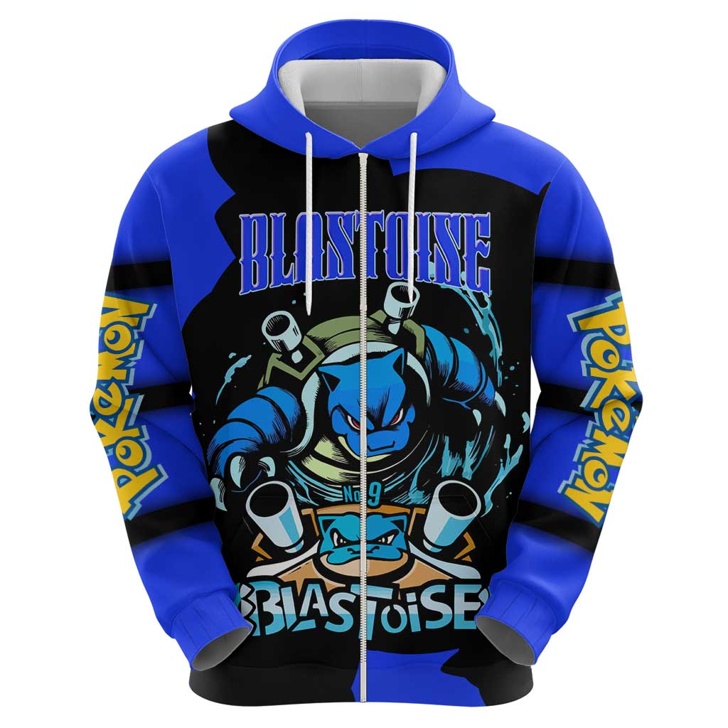 Blastoise Zip Hoodie with Water Cannons and Retro Pokémon Graphic Design - The Mazicc