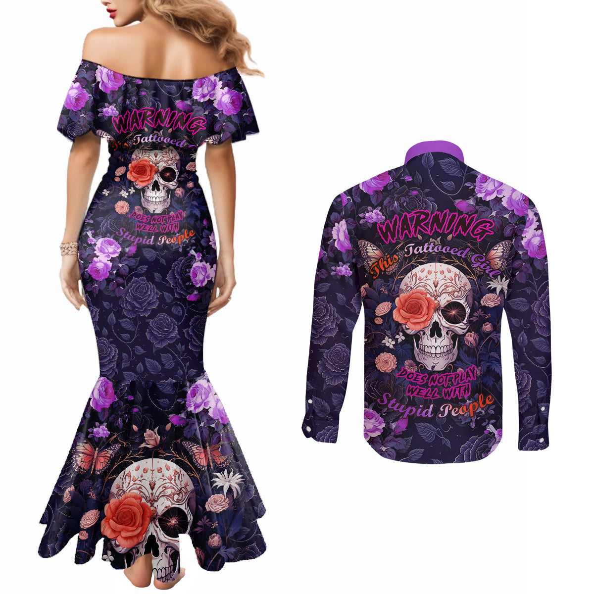 warning-this-tattooed-give-does-not-play-well-with-stupid-people-couples-matching-mermaid-dress-and-long-sleeve-button-shirts