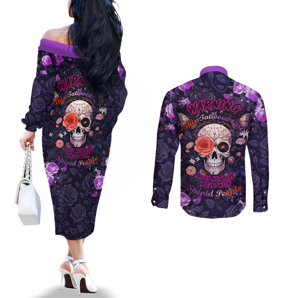 warning-this-tattooed-give-does-not-play-well-with-stupid-people-couples-matching-off-the-shoulder-long-sleeve-dress-and-long-sleeve-button-shirts