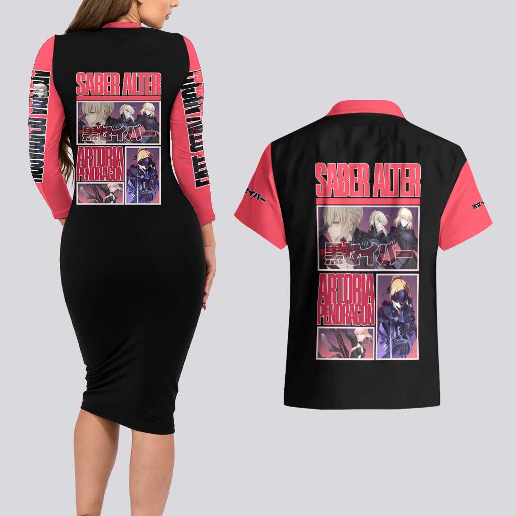 Saber Alter Fate Stay Night Heaven’s Feel Couples Matching Long Sleeve Bodycon Dress and Hawaiian Shirt Anime Style