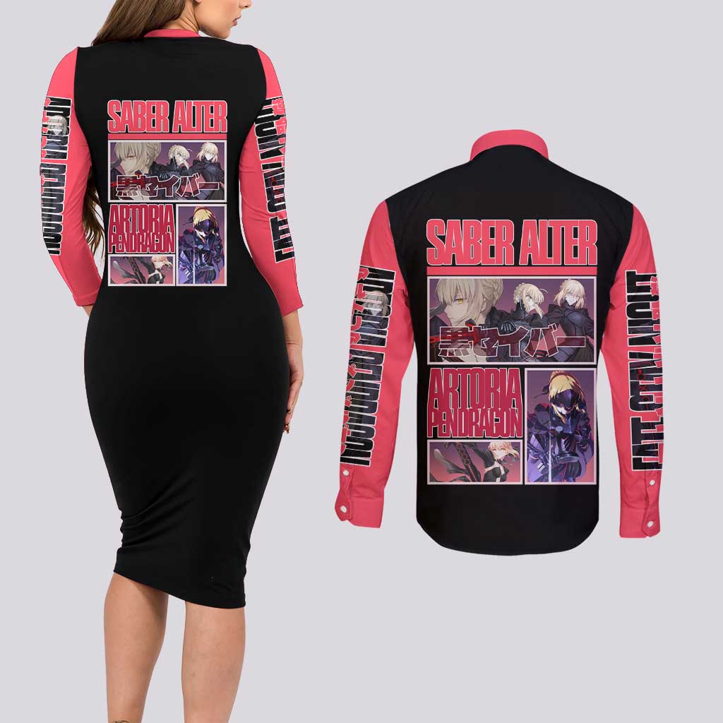 Saber Alter Fate Stay Night Heaven’s Feel Couples Matching Long Sleeve Bodycon Dress and Long Sleeve Button Shirt Anime Style