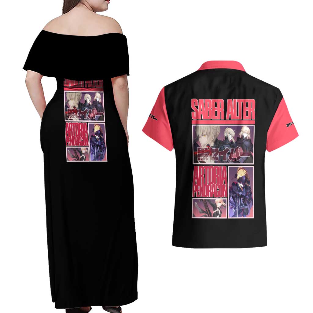 Saber Alter Fate Stay Night Heaven’s Feel Couples Matching Off Shoulder Maxi Dress and Hawaiian Shirt Anime Style