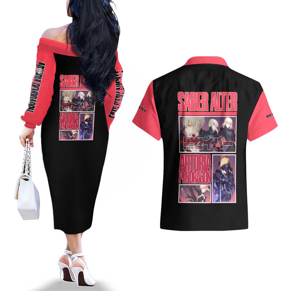 Saber Alter Fate Stay Night Heaven’s Feel Couples Matching Off The Shoulder Long Sleeve Dress and Hawaiian Shirt Anime Style