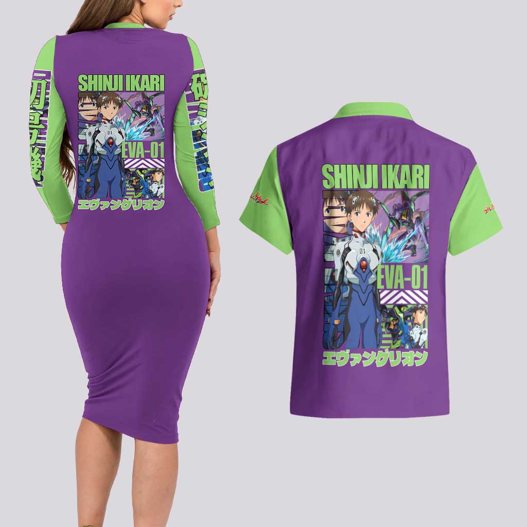 Shinji Ikari x Eva 01 Neon Genesis Evangelion Couples Matching Long Sleeve Bodycon Dress and Hawaiian Shirt Anime Style