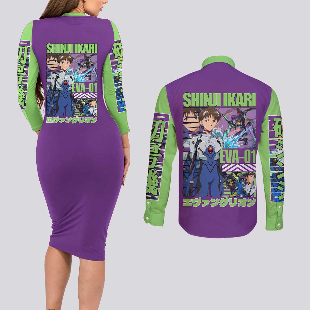 Shinji Ikari x Eva 01 Neon Genesis Evangelion Couples Matching Long Sleeve Bodycon Dress and Long Sleeve Button Shirt Anime Style