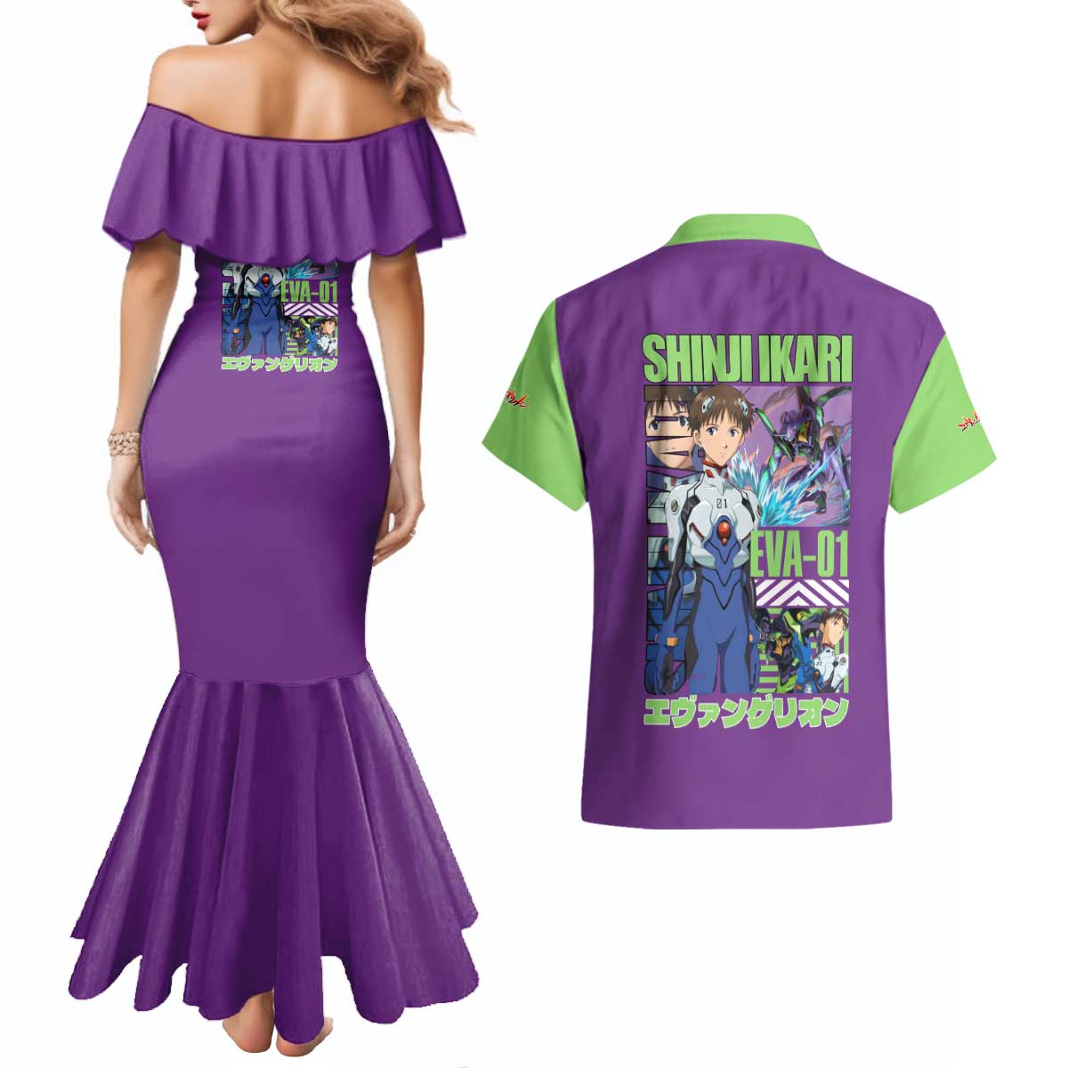 Shinji Ikari x Eva 01 Neon Genesis Evangelion Couples Matching Mermaid Dress and Hawaiian Shirt Anime Style
