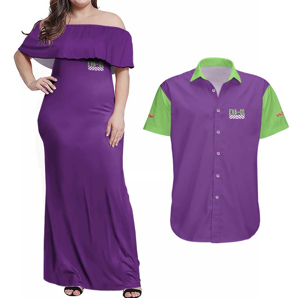 Shinji Ikari x Eva 01 Neon Genesis Evangelion Couples Matching Off Shoulder Maxi Dress and Hawaiian Shirt Anime Style