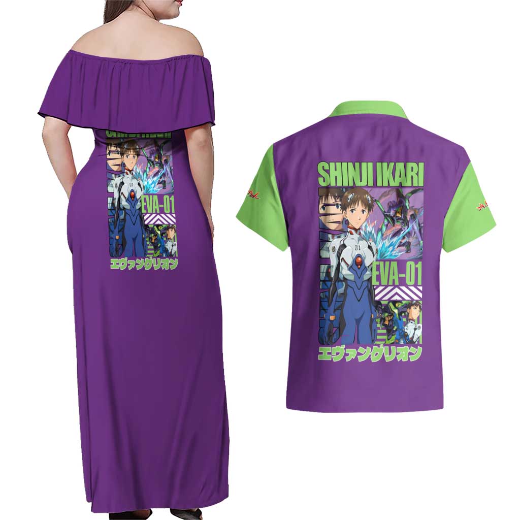 Shinji Ikari x Eva 01 Neon Genesis Evangelion Couples Matching Off Shoulder Maxi Dress and Hawaiian Shirt Anime Style